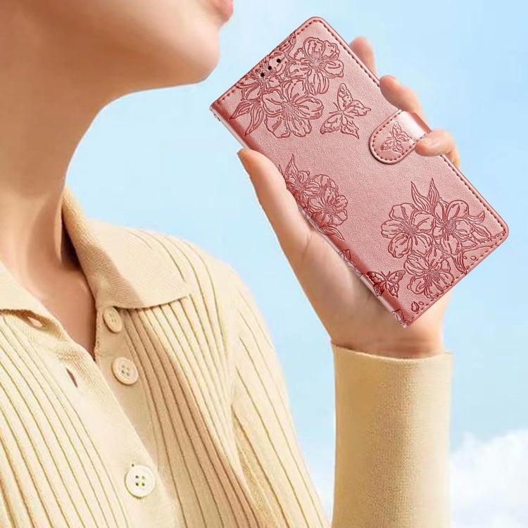 For Samsung Galaxy S25 5G Cherry Blossom Butterfly Skin Feel Embossed PU Phone Case(Rose Gold) - Galaxy S25 5G Cases by PMC TechLife | Online Shopping South Africa | PMC TechLife | Buy Now Pay Later Mobicred