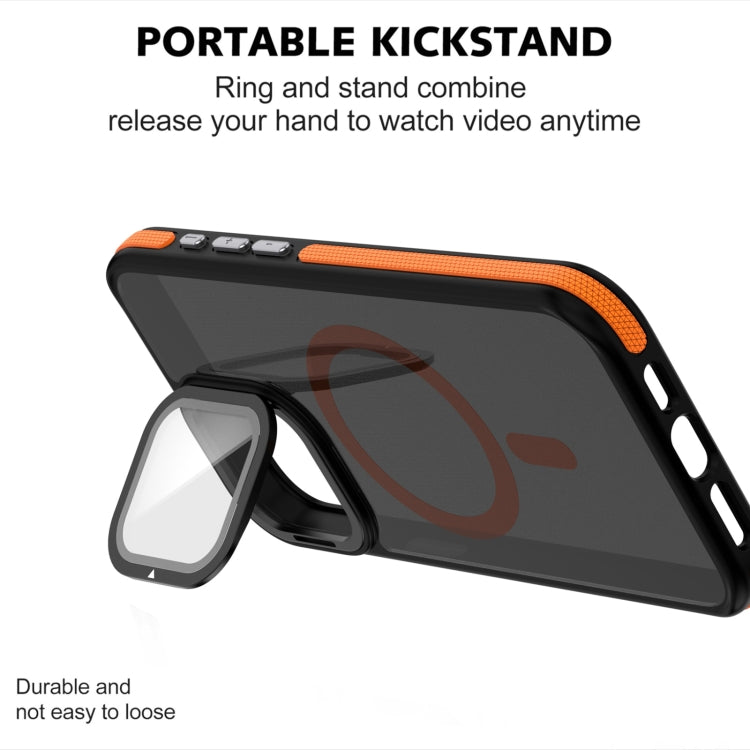 For iPhone 16 Plus Magsafe Dual-Color Skin Feel Lens Film Phone Case with Lens Fold Holder(Gray) - iPhone 16 Plus Cases by PMC TechLife | Online Shopping South Africa | PMC TechLife | Buy Now Pay Later Mobicred