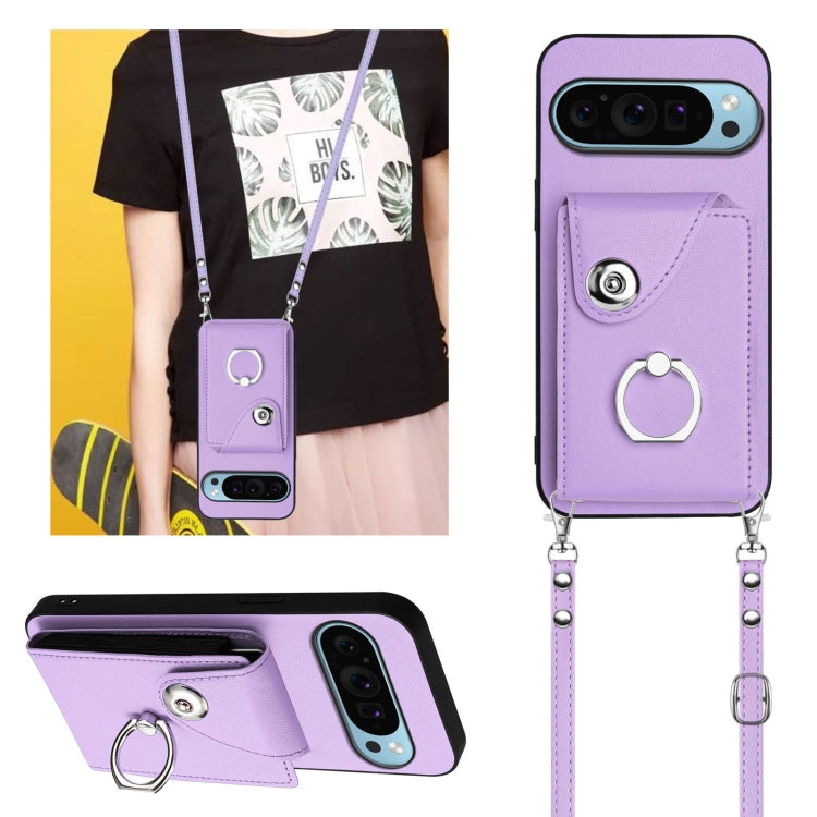 For Google Pixel 9 Pro XL Organ Card Bag Ring Holder Phone Case with Long Lanyard(Purple) - Google Cases by PMC TechLife | Online Shopping South Africa | PMC TechLife | Buy Now Pay Later Mobicred