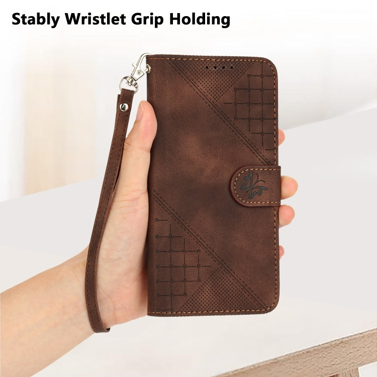 For iPhone 16e YX0080 Grid Butterfly Embossed Pattern Flip Leather Phone Case with Lanyard(Coffee) - iPhone 16e Cases by PMC TechLife | Online Shopping South Africa | PMC TechLife | Buy Now Pay Later Mobicred