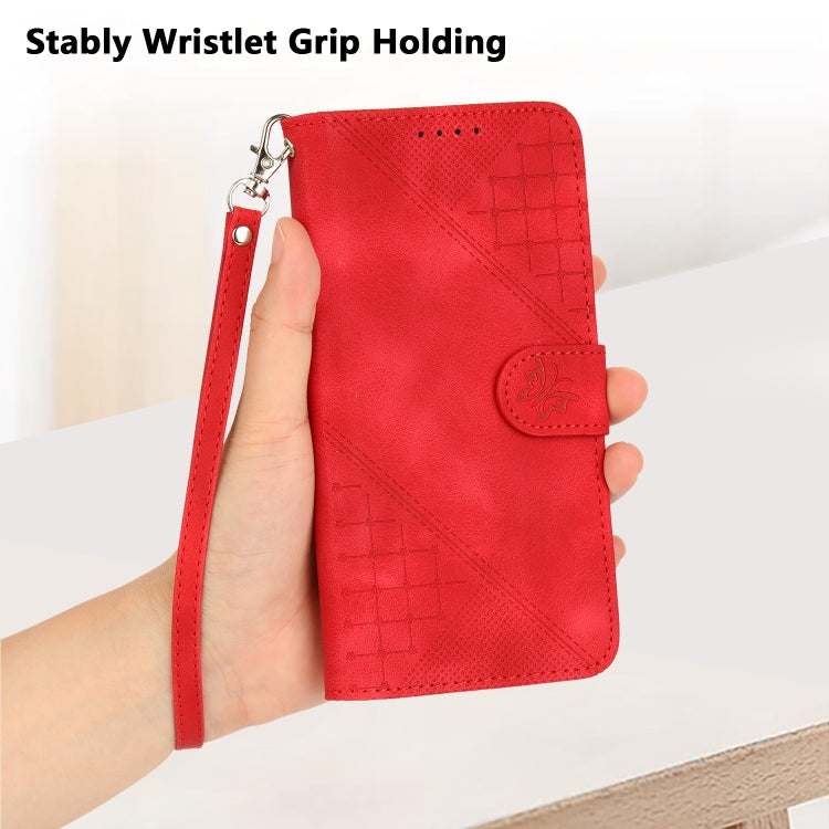 For Motorola Moto G Play 4G 2024 YX0080 Grid Butterfly Embossed Pattern Flip Leather Phone Case with Lanyard(Red) - Motorola Cases by PMC Jewellery | Online Shopping South Africa | PMC Jewellery | Buy Now Pay Later Mobicred