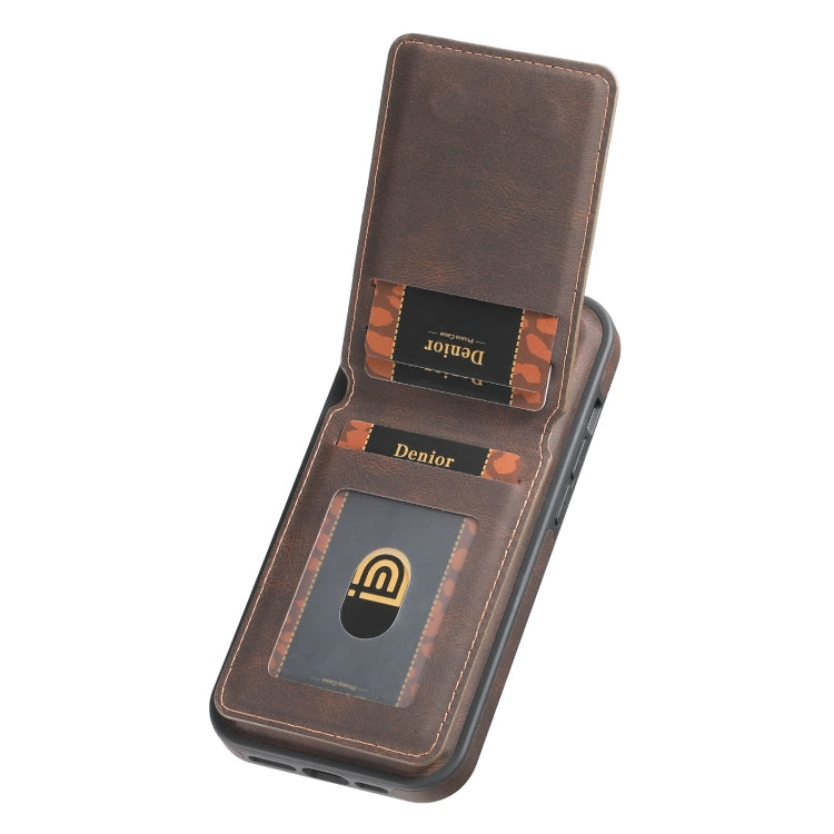 For iPhone 16 Pro Denior D18 Skin Feel Rotating Holder MagSafe Detachable Card Slot Phone Case(Brown) - iPhone 16 Pro Cases by Denior | Online Shopping South Africa | PMC TechLife | Buy Now Pay Later Mobicred