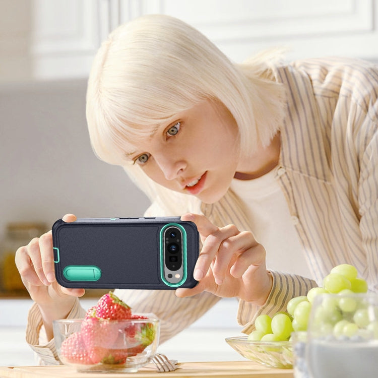 For Google Pixel 9 Rugged PC + Silicone Phone Case with Holder(Dark Blue+Light Green) - Google Cases by PMC TechLife | Online Shopping South Africa | PMC TechLife | Buy Now Pay Later Mobicred