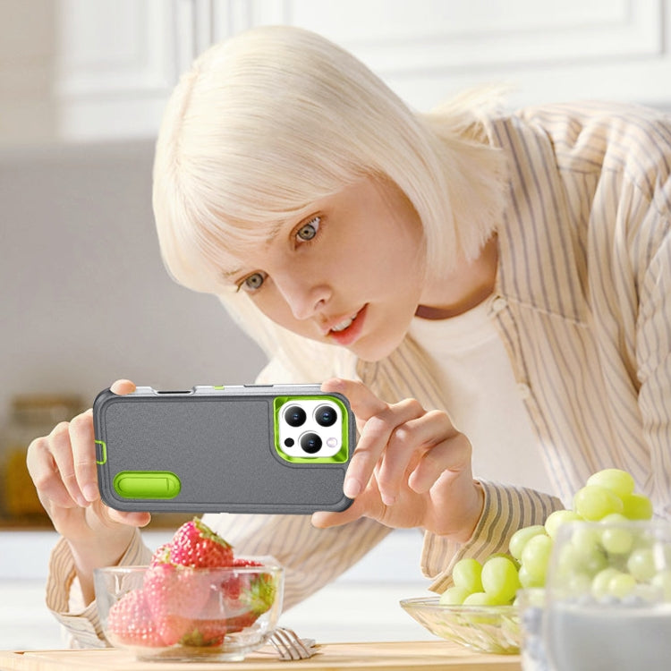 For iPhone 16 Pro Rugged PC + Silicone Phone Case with Holder(Grey+Fresh Green) - iPhone 16 Pro Cases by PMC TechLife | Online Shopping South Africa | PMC TechLife | Buy Now Pay Later Mobicred