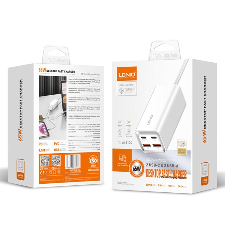 LDNIO A4610C PD65W Dual USB-C / Type-C + Dual USB Fast Charger, Cable Length: 1.5m, Plug Type:EU Plug��(White) - USB Charger by LDNIO | Online Shopping South Africa | PMC TechLife | Buy Now Pay Later Mobicred