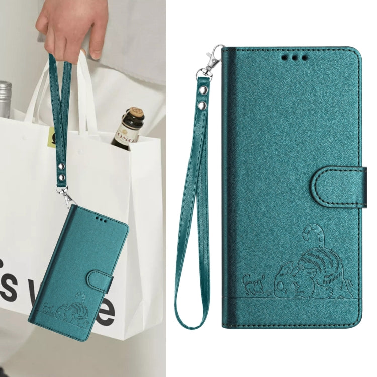 For Samsung Galaxy S25+ 5G Cat Rat Embossed RFID Leather Phone Case with Lanyard(Peacock Green) - free shipping - PMC TechLife - Order now!