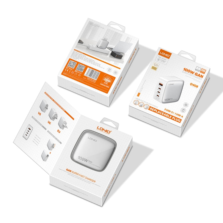 LDNIO Q408 100W GaN USB+3 USB-C / Type-C Interface Charger with 1m 100W USB-C / Type-C to USB-C / Type-C Data Cable, Plug Type:UK Plug(White) - free shipping - PMC Jewellery - Order now!