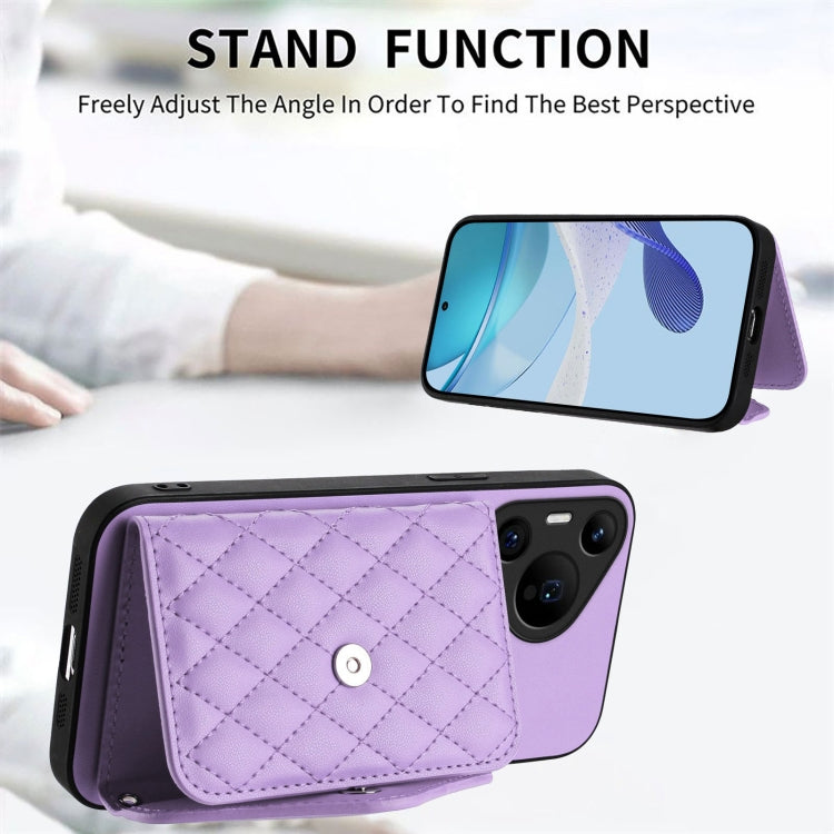 For Huawei Pura 70 Pro / 70 Pro+ Rhombic Texture Card Bag RFID Phone Case with Long Lanyard(Light Purple) - free shipping - PMC Jewellery - Order now!