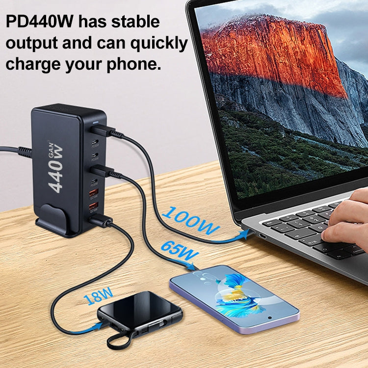 440W GaN USB Power Adapter Travel Charger with 3 x USB, 5 x PD Port, Plug:EU Plug(Black) - free shipping - PMC Jewellery - Order now!
