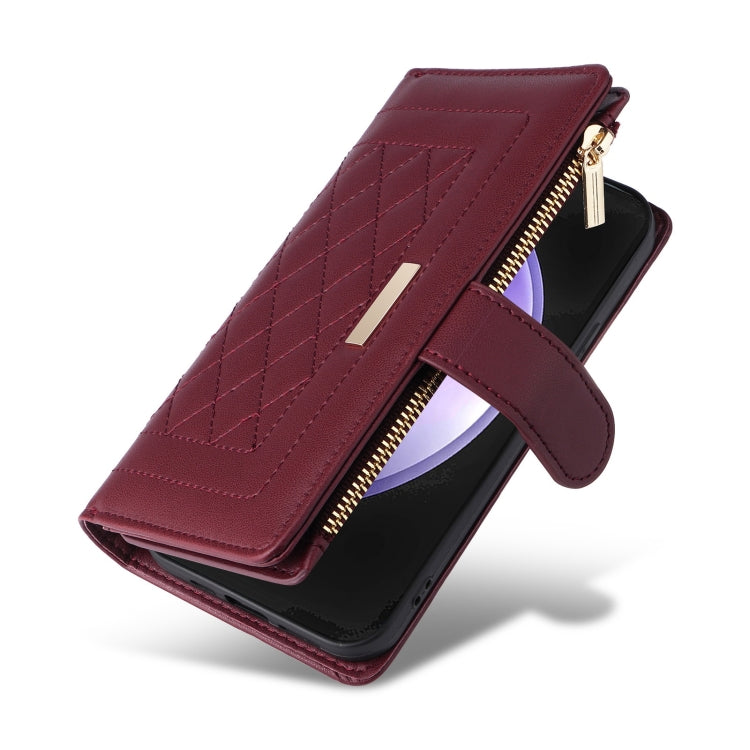For Samsung Galaxy S24 FE 5G Crossbody Zipper Wallet Rhombus Leather Phone Case(Wine Red) - Galaxy S24 FE 5G Cases by PMC Jewellery | Online Shopping South Africa | PMC Jewellery | Buy Now Pay Later Mobicred