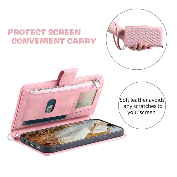 For Samsung Galaxy S25+ 5G Grid Texture Zipper Leather Phone Case with Lanyard(Rose Gold) - Galaxy S25+ 5G Cases by PMC Jewellery | Online Shopping South Africa | PMC Jewellery | Buy Now Pay Later Mobicred