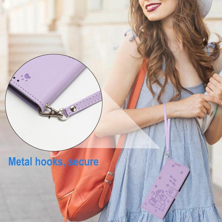 For iPhone 16e Embossed Kitten Phone Leather Case with Lanyard(Purple) - iPhone 16e Cases by PMC TechLife | Online Shopping South Africa | PMC TechLife | Buy Now Pay Later Mobicred