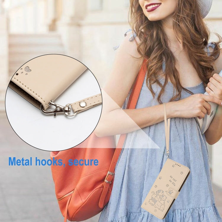 For iPhone 16e Embossed Kitten Phone Leather Case with Lanyard(Beige) - iPhone 16e Cases by PMC TechLife | Online Shopping South Africa | PMC TechLife | Buy Now Pay Later Mobicred