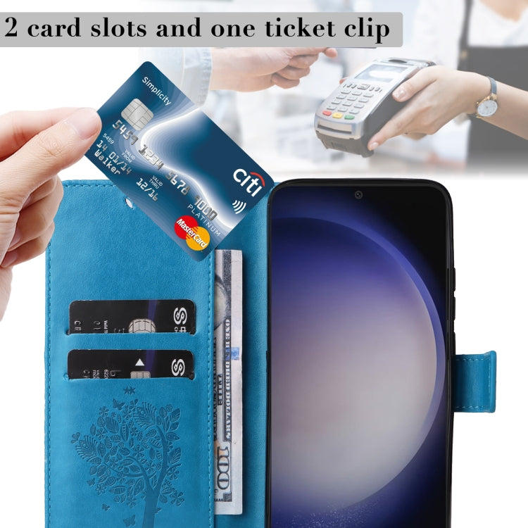 For Samsung Galaxy S25 / S24 5G Tree & Cat Embossed Pattern Flip Leather Phone Case(Blue) - Galaxy S25 5G Cases by PMC Jewellery | Online Shopping South Africa | PMC Jewellery | Buy Now Pay Later Mobicred