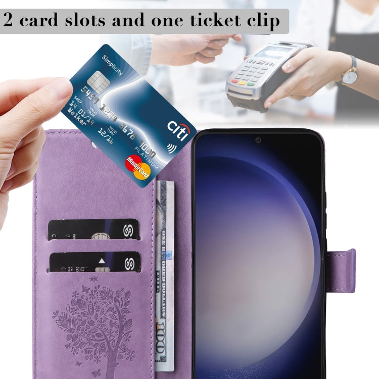 For Samsung Galaxy S25+ / S24+ 5G Tree & Cat Embossed Pattern Flip Leather Phone Case(Light Purple) - Galaxy S25+ 5G Cases by PMC TechLife | Online Shopping South Africa | PMC TechLife | Buy Now Pay Later Mobicred