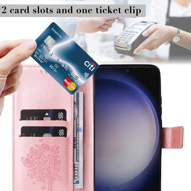 For Samsung Galaxy S25+ / S24+ 5G Tree & Cat Embossed Pattern Flip Leather Phone Case(Rose Gold) - Galaxy S25+ 5G Cases by PMC TechLife | Online Shopping South Africa | PMC TechLife | Buy Now Pay Later Mobicred
