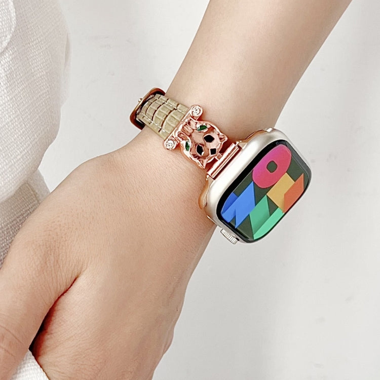 For Apple Watch 46mm / 49mm / 45mm / 44mm Leopard Head Bamboo Texture Leather Watch Band(Rose Gold Khaki) - free shipping - PMC TechLife - Order now!