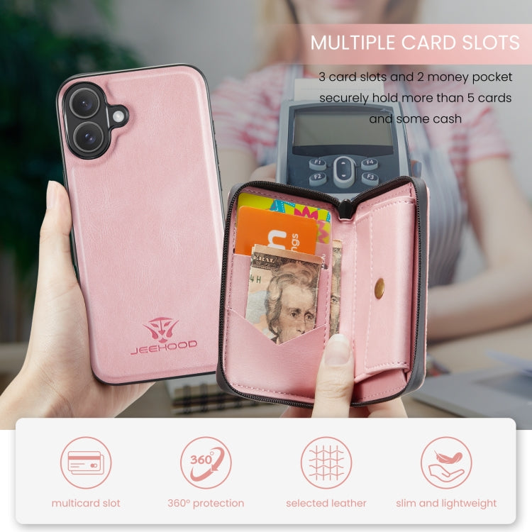 For iPhone 16 Plus JEEHOOD J02 Magnetic Zipper Horizontal Flip Leather Phone Case(Pink) - free shipping - PMC Jewellery - Order now!