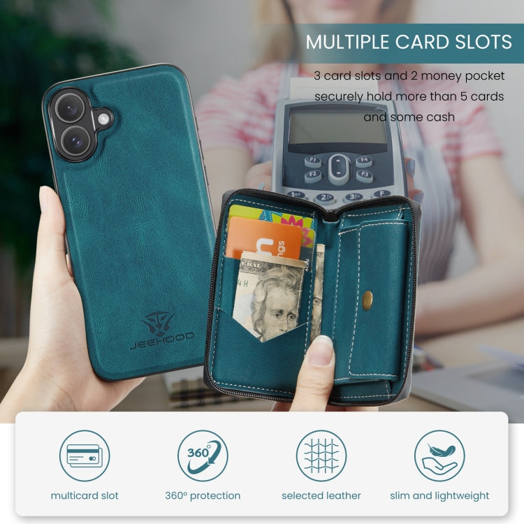 For iPhone 16 JEEHOOD J02 Magnetic Zipper Horizontal Flip Leather Phone Case(Blue) - free shipping - PMC Jewellery - Order now!