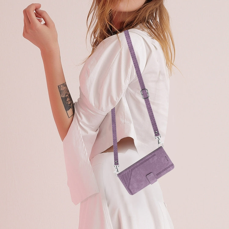 For Samsung Galaxy S25 / S24 5G Skin Feel Stripe Pattern Leather Phone Case with Long Lanyard(Purple) - Galaxy S25 5G Cases by PMC Jewellery | Online Shopping South Africa | PMC Jewellery | Buy Now Pay Later Mobicred