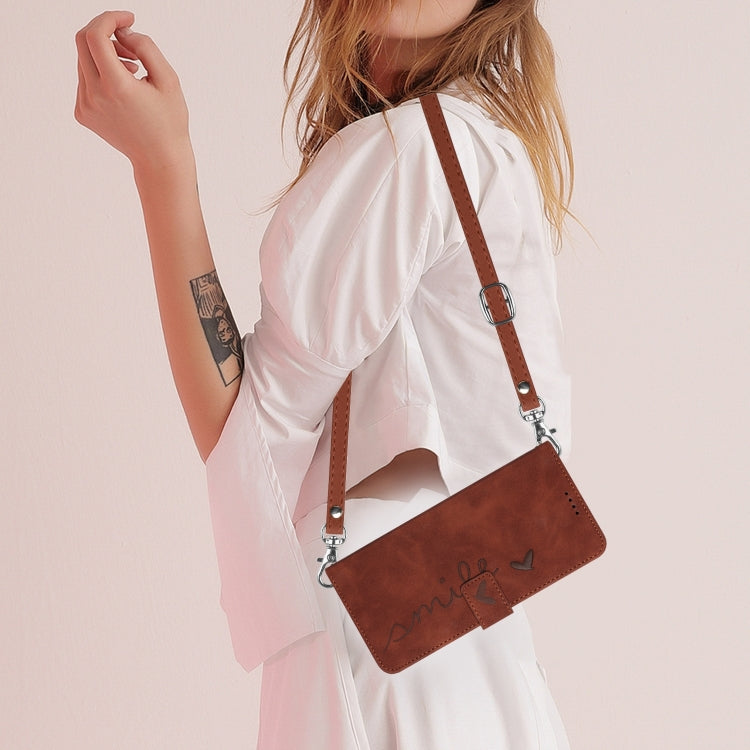 For Samsung Galaxy S25+ / S24+ 5G Skin Feel Heart Embossed Leather Phone Case with Long Lanyard(Brown) - free shipping - PMC Jewellery - Order now!