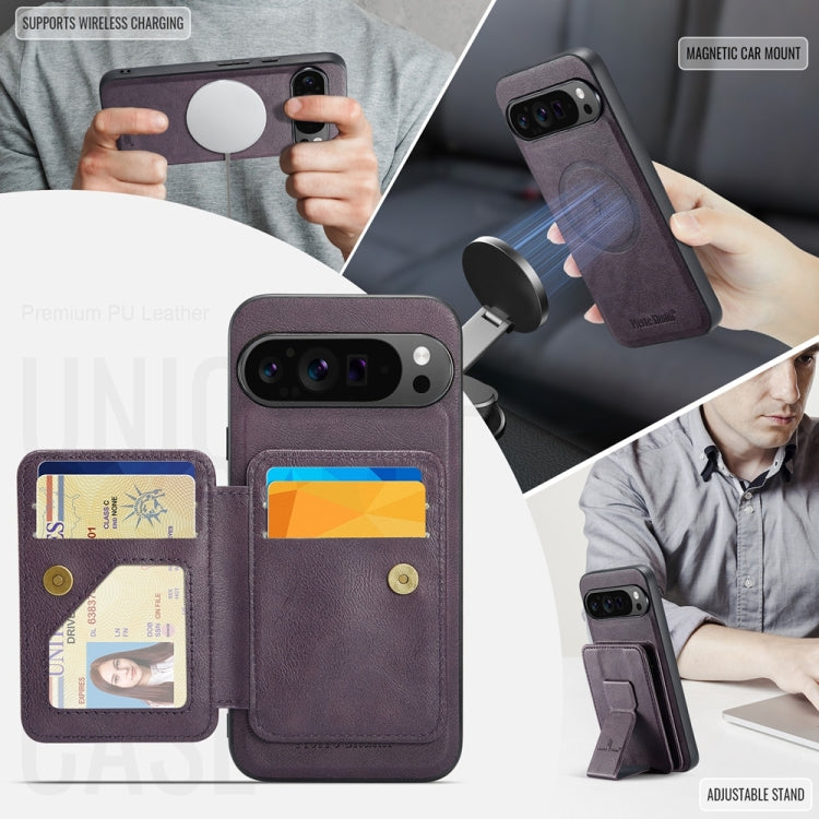 For Google Pixel 9 Pro XL Fierre Shann Cowhide Horizontal Flip Magnetic Card Holder Phone Case(Purple) - Google Cases by FIERRE SHANN | Online Shopping South Africa | PMC TechLife | Buy Now Pay Later Mobicred