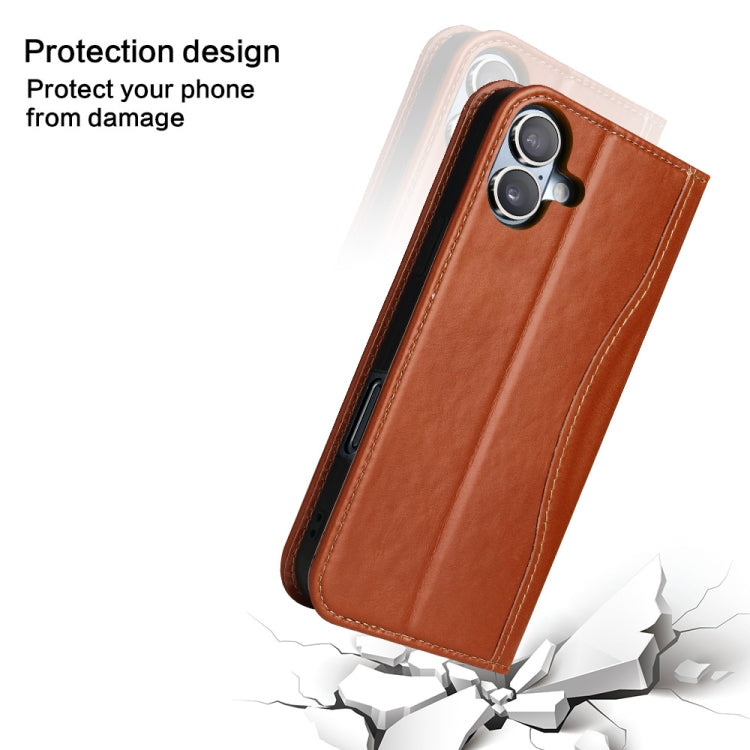 For iPhone 16 Plus Fierre Shann Cowhide Leather Flip Leather Phone Case(Brown) - free shipping - PMC Jewellery - Order now!