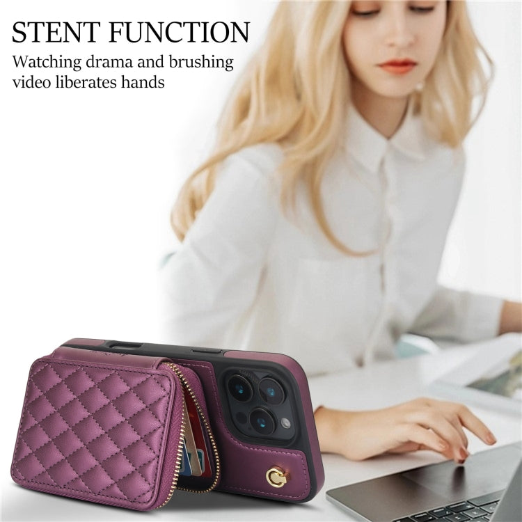 For iPhone 16 Pro Max AwQuer Crossbody Zipper Wallet Rhombic Leather Back Phone Case(Dark Purple) - free shipping - PMC Jewellery - Order now!