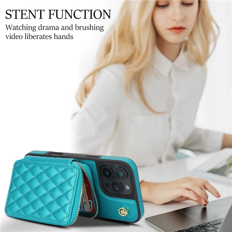 For iPhone 16 Pro AwQuer Crossbody Zipper Wallet Rhombic Leather Back Phone Case(Green) - free shipping - PMC Jewellery - Order now!