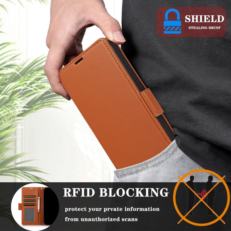 For Samsung Galaxy S25 / S24 5G Side Buckle RFID Anti-theft Leather Phone Case(Brown) - Galaxy S25 5G Cases by PMC TechLife | Online Shopping South Africa | PMC TechLife | Buy Now Pay Later Mobicred