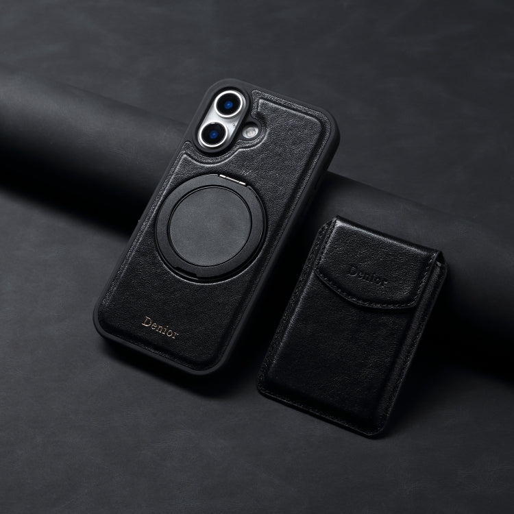 For iPhone 16 Plus Denior D22 Genuine Leather MagSafe Holder Detachable Card Slot Phone Case(Black) - free shipping - PMC Jewellery - Order now!