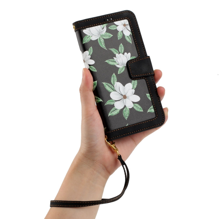 For iPhone 16e Floral Pattern Leather Phone Case with Lanyard(Black) - iPhone 16e Cases by PMC TechLife | Online Shopping South Africa | PMC TechLife | Buy Now Pay Later Mobicred