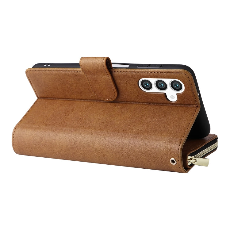 For Samsung Galaxy S25 5G 9-Card Slots Zipper Wallet Bag Leather Phone Case(Brown) - Galaxy S25 5G Cases by PMC TechLife | Online Shopping South Africa | PMC TechLife | Buy Now Pay Later Mobicred