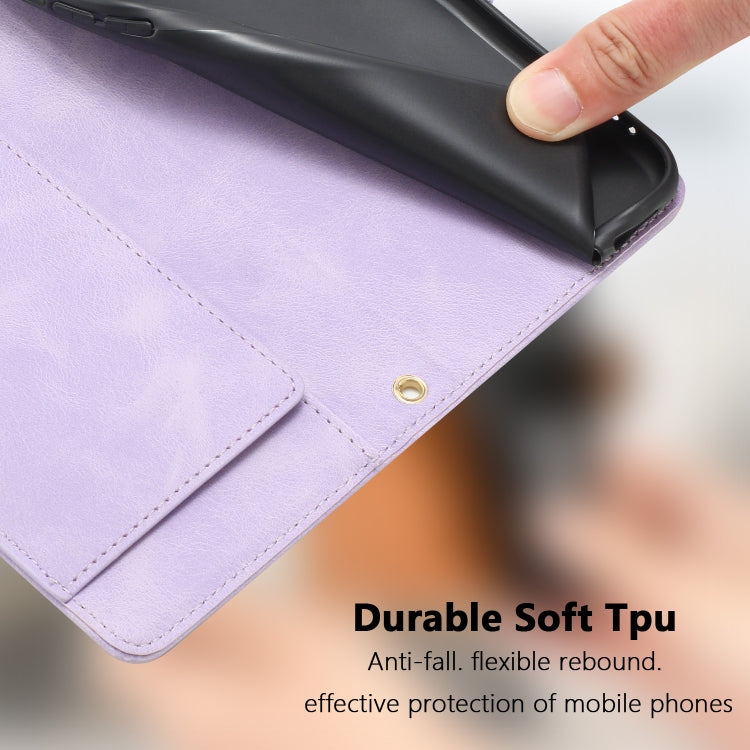 For iPhone 16e Tulips Embossed Leather Phone Case with Lanyard(Purple) - iPhone 16e Cases by PMC TechLife | Online Shopping South Africa | PMC TechLife | Buy Now Pay Later Mobicred