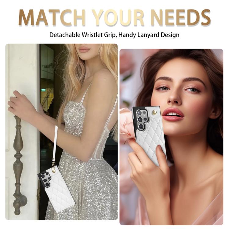 For Samsung Galaxy S25 Ultra 5G Rhombic Dual Buckle Card Slots Phone Case with Lanyard(White) - Galaxy S25 Ultra 5G Cases by PMC Jewellery | Online Shopping South Africa | PMC Jewellery | Buy Now Pay Later Mobicred