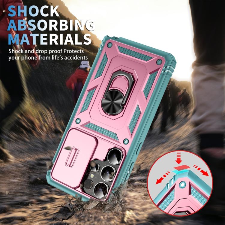 For Samsung Galaxy S25 Ultra 5G Sliding Camshield TPU Hybrid PC Phone Case with Holder(Green+Pink) - Galaxy S25 Ultra 5G Cases by PMC Jewellery | Online Shopping South Africa | PMC Jewellery | Buy Now Pay Later Mobicred