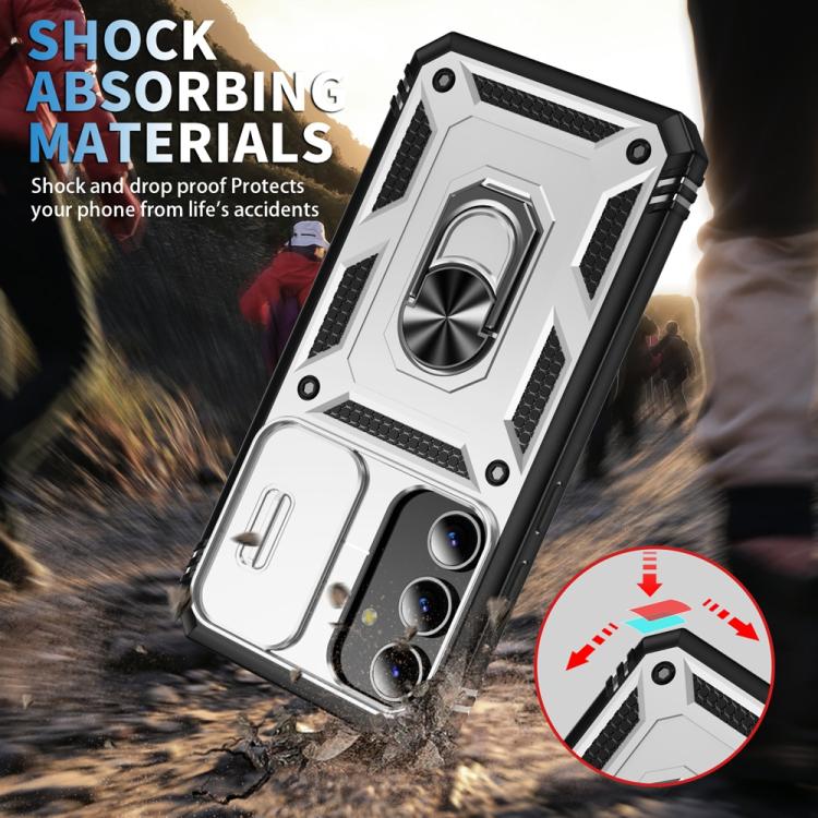 For Samsung Galaxy S25 5G Sliding Camshield TPU Hybrid PC Phone Case with Holder(White+Black) - Galaxy S25 5G Cases by PMC Jewellery | Online Shopping South Africa | PMC Jewellery | Buy Now Pay Later Mobicred