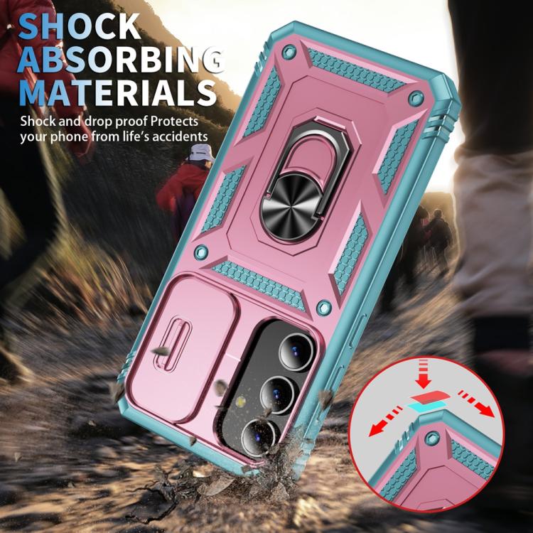 For Samsung Galaxy S25 5G Sliding Camshield TPU Hybrid PC Phone Case with Holder(Pink+Green) - Galaxy S25 5G Cases by PMC Jewellery | Online Shopping South Africa | PMC Jewellery | Buy Now Pay Later Mobicred