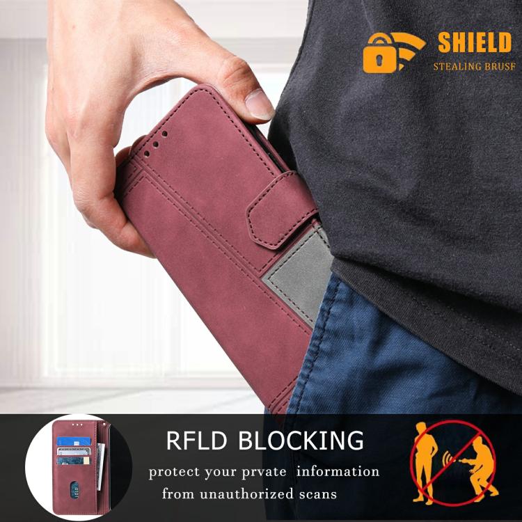 For iPhone 16e TTUDRCH Embossed Line Splicing Leather Phone Case(Wine Red) - iPhone 16e Cases by PMC TechLife | Online Shopping South Africa | PMC TechLife | Buy Now Pay Later Mobicred
