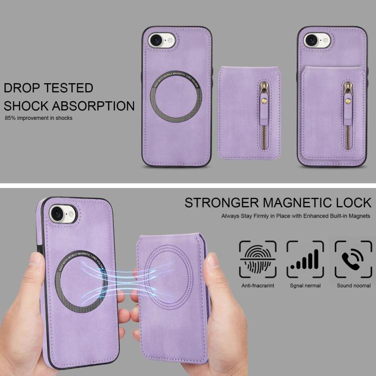 For iPhone 16e Zipper Wallet Split MagSafe Leather Back Phone Case(Purple) - iPhone 16e Cases by PMC TechLife | Online Shopping South Africa | PMC TechLife | Buy Now Pay Later Mobicred