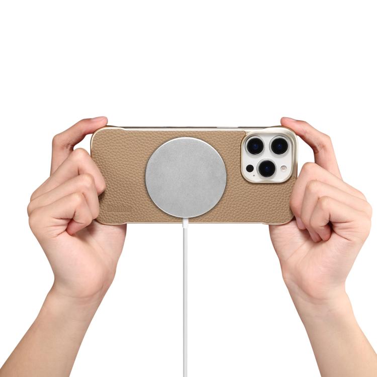 For iPhone 15 Plus / 14 Plus Denior A20 Genuine Leather Litchi Texture MagSafe Frameless Phone Case(Khaki) - free shipping - PMc TechLife - Order now!