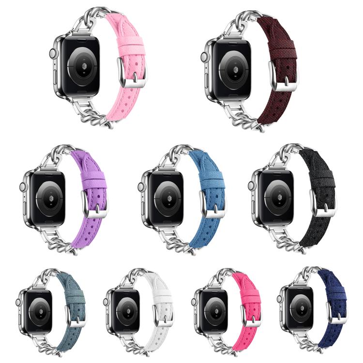 For Apple Watch 42mm / 41mm / 40mm / 38mm Metal Chain Leather Denim Watch Band(Dark Blue) - free shipping - PMc TechLife - Order now!
