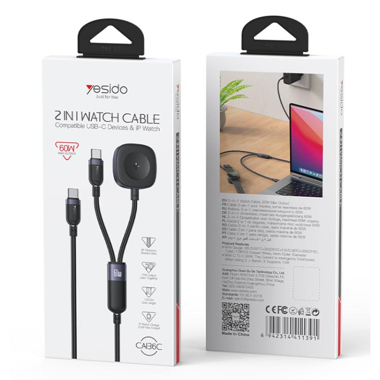 Yesido CA136C 60W USB-C / Type-C to Type-C & iWatch 2 in 1 Charging Cable, Length:1.2m(Black) - Charger / Holder by Yesido | Online Shopping South Africa | PMC TechLife | Buy Now Pay Later Mobicred