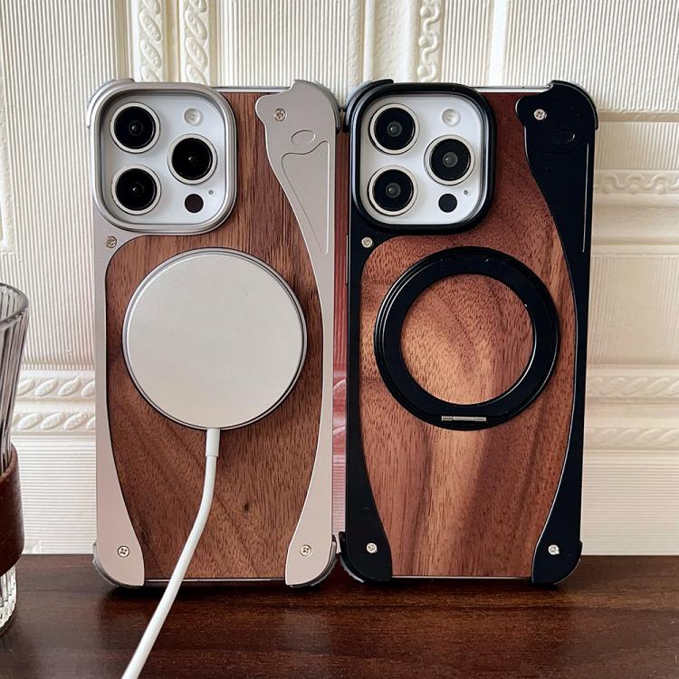 For iPhone 15 Pro Walnut Metal Frameless 360 Degree Rotation Holder MagSafe Phone Case(Silver) - free shipping - PMC TechLife - Order now!