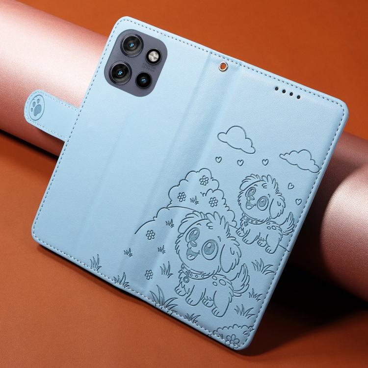 For Motorola Edge 50 Neo 5G Embossed Heart Dog RFID Blocking Wallet Leather Phone Case(Sky Blue) - free shipping - PMC TechLife - Order now!