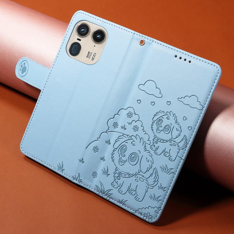 For Motorola Edge 50 Ultra 5G Embossed Heart Dog RFID Blocking Wallet Leather Phone Case(Sky Blue) - free shipping - PMC TechLife - Order now!