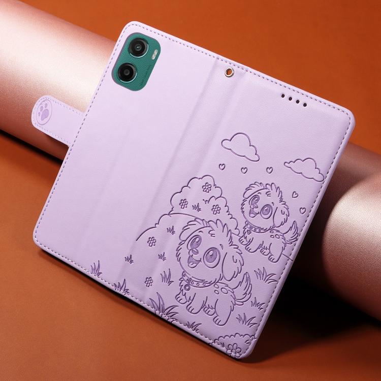 For Motorola Moto G05 / E15 Embossed Heart Dog RFID Blocking Wallet Leather Phone Case(Purple) - free shipping - PMC TechLife - Order now!