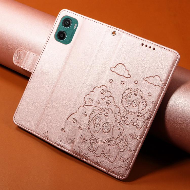For Motorola Moto G05 / E15 Embossed Heart Dog RFID Blocking Wallet Leather Phone Case(Rose Gold) - free shipping - PMC TechLife - Order now!