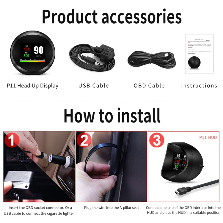 P11 OBD2 + GPS Mode Car HUD Head-up Display Water Temperature / Vehicle Speed / Voltage / Fuel Consumption Display, Speed Alarm - Head Up Display System by PMC TechLife | Online Shopping South Africa | PMC TechLife | Buy Now Pay Later Mobicred