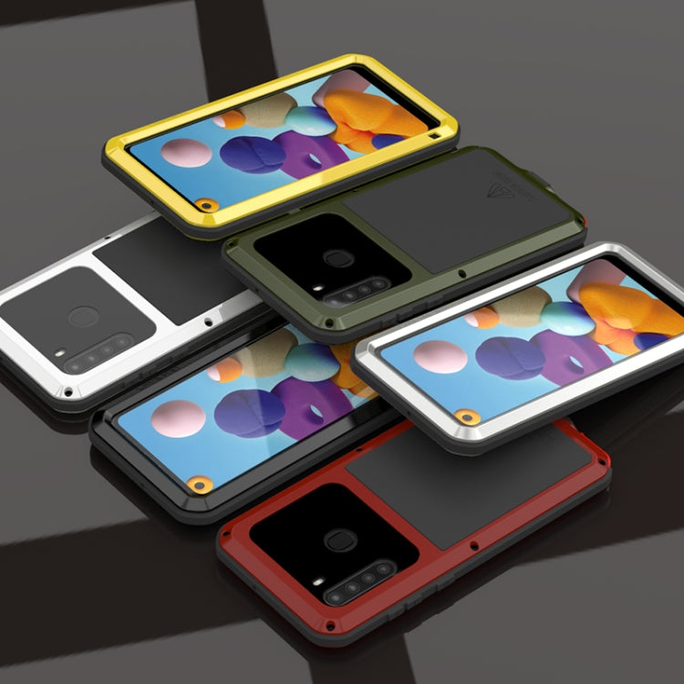 For Samsung Galaxy A21 (US Version) LOVE MEI Metal Shockproof Waterproof Dustproof Protective Case with Glass(White) - free shipping - PMC TechLife - Order now!